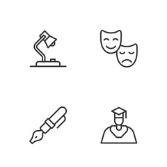 Set line Graduate and graduation cap, Fountain pen nib, Table lamp and Comedy tragedy masks icon. Vector