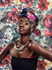 Fototapeta na wymiar Black woman in portrait in turban, fashion on flower background and beauty, makeup and floral aesthetic. Natural cosmetics, female model in traditional African head wrap with creativity and style
