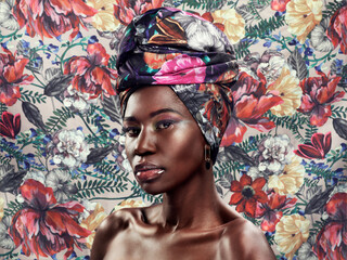 Portrait, flowers and black woman with head wrap, beauty and confident girl against a floral background. Face, female person or model with fashion, glamour and elegant with stylish turban and culture