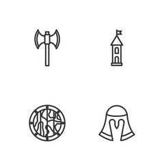 Set line Medieval helmet, Round wooden shield, poleaxe and Castle tower icon. Vector