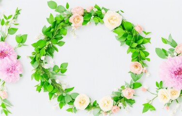 Different small flowers in a wreath on green background Abstract natural floral frame layout with text space. Romantic feminine flatlay. Wedding, International Women day, Mother Day (Generative AI) - obrazy, fototapety, plakaty