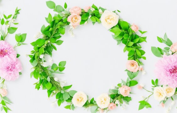 Different small flowers in a wreath on green background Abstract natural floral frame layout with text space. Romantic feminine flatlay. Wedding, International Women day, Mother Day (Generative AI)