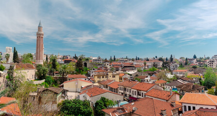 Aerial view of the buildings in the Kaleichi district in the Turkish city of Antalya. View of the roofs of houses in the Kaleici district.