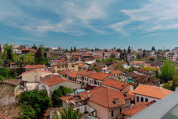 Fototapeta na wymiar Aerial view of the buildings in the Kaleichi district in the Turkish city of Antalya. View of the roofs of houses in the Kaleici district.