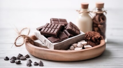 natural cosmetic. Spa skin care ingredients for chocolate wraps on a light background. Generative AI