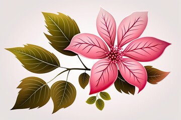 pink flower with green leaves on a white background Generative AI