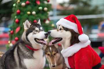two festive husky dogs sitting in front of a decorated Christmas tree wearing Santa hats Generative AI