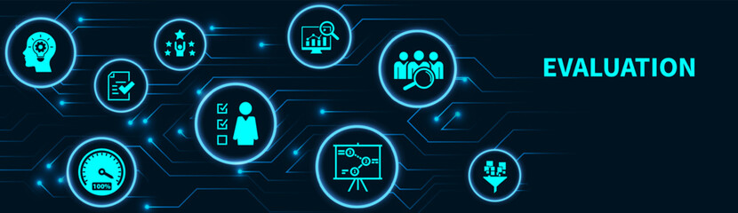 Banner evaluation concept. Assessment, Analysis, performance, improvement, results and feedback vector illustration concept.