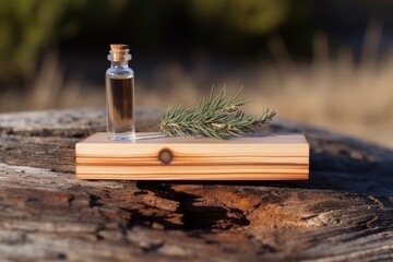 bottle of essential oil on a wooden surface with flowers and herbs around it Generative AI - obrazy, fototapety, plakaty