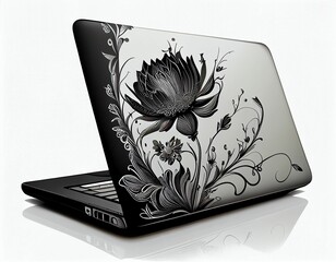 Gray laptop with white sunflower decoration on white background. Generative AI.