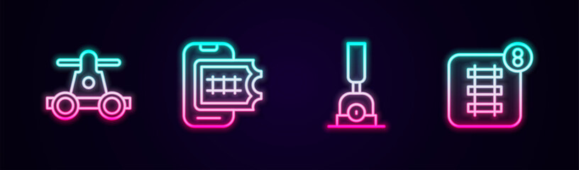 Set line Handcar transportation, Online ticket booking, Arrow for switching the railway and . Glowing neon icon. Vector