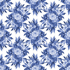Seamless Pattern Watercolor, Floral Textile Design, Elegant Monochrome blue illustration with peonies and leaves