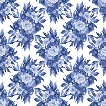 Seamless Pattern Watercolor, Floral Textile Design, Elegant Monochrome blue illustration with peonies and leaves