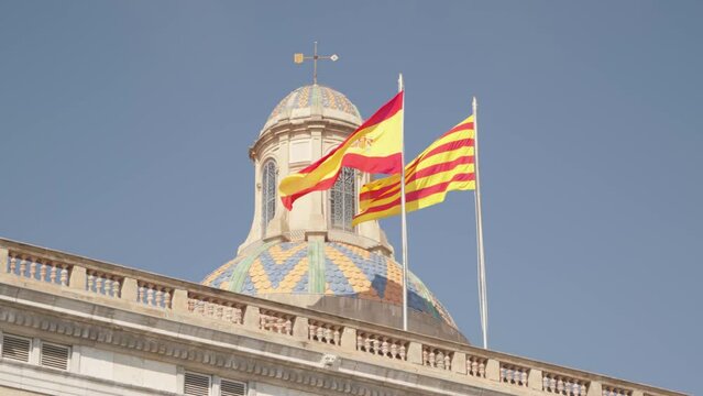 Catalunya and Spanish Flag on Dome in Barcelona 4k 50fps
