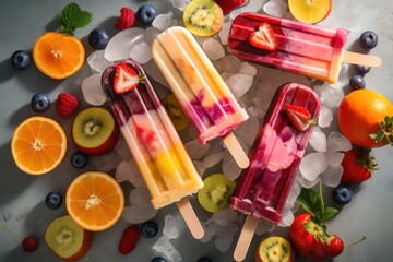 Set of unique colorful summer popsicles with fresh fruits, ice cubes and mint leaves. Generative AI