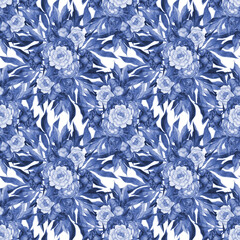 Seamless Pattern Watercolor, Floral Textile Design, Elegant Monochrome blue illustration with peonies and leaves
