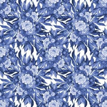 Seamless Pattern Watercolor, Floral Textile Design, Elegant Monochrome blue illustration with peonies and leaves