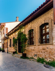 Turkey. Street in the city of Antalya. Old street. An old restored house at sunset.