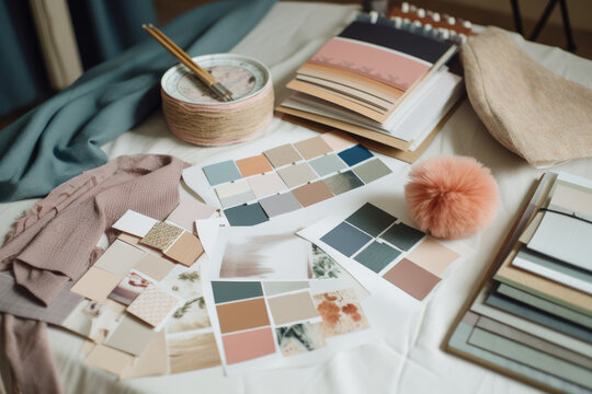 Interior design mood board with fabric and paint swatches, ai