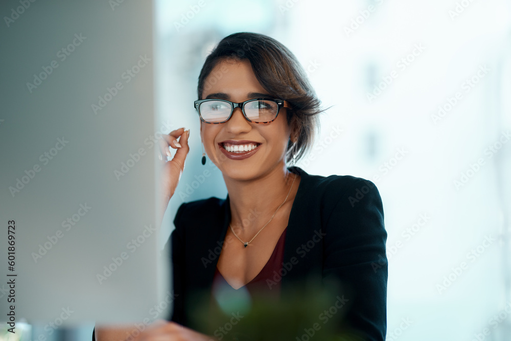 Poster business woman, happy and computer in glasses reflection for reading, online review and editor analy