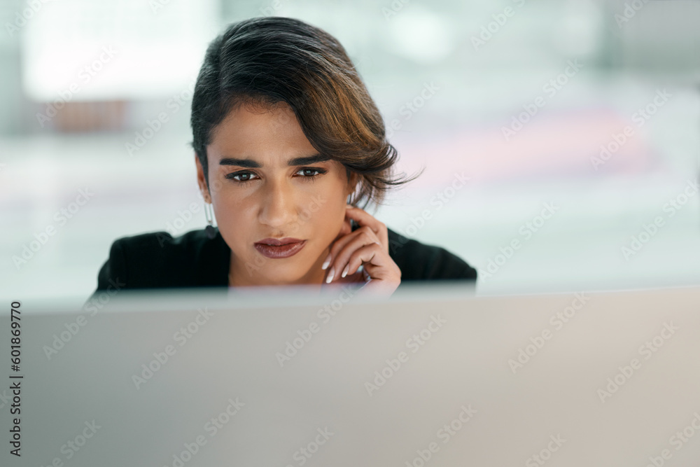 Poster business woman, computer and thinking, ideas and online management for software check, review or sol