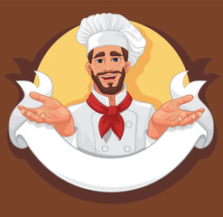 Round Template of Logo or Label Design with Chef. Company Mascot. Vector Illustration. Cartoon Style