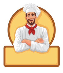 Template of Logo or Label Design with Crossed Arms Chef. Company Mascot. Vector Illustration. Cartoon Style