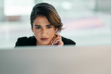 Business woman, computer and thinking, ideas and online management for software check, review or...