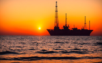 Fototapeta premium Oil drilling rig on the sea at sunset. Oil and gas industry. Generative AI.