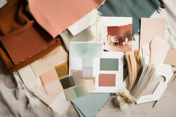 Interior design mood board with fabric and paint swatches, ai