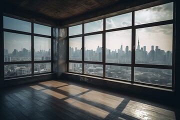 A room with a wide window overlooking the city skyline. Generative AI