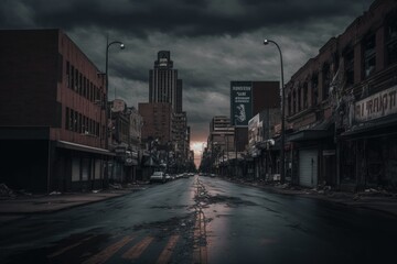 Fototapeta na wymiar A dark and gloomy city skyline with empty streets, Desolate Cityscape: The Calm Before the Storm, Generative AI