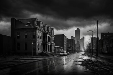 A dark and gloomy city skyline with empty streets, Desolate Cityscape: The Calm Before the Storm, Generative AI