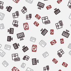 Set line Online shopping on screen, Sold, Credit card and Mobile on seamless pattern. Vector
