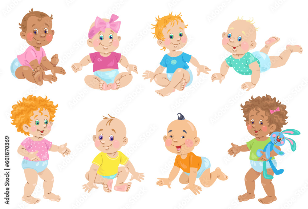 Poster Set of cute kids. Eight happy little children of different skin colors in different poses. In cartoon style. Isolated on white background. Vector illustration