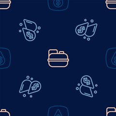 Set line Oil drop with dollar symbol, and Canister for gasoline on seamless pattern. Vector