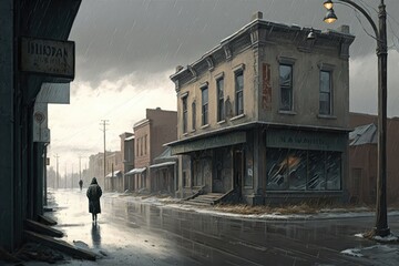 Illustration of a person standing in a desolate city street, Urban Decay, A Desolate Cityscape, Generative AI