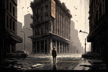 Illustration of a person standing in a desolate city street, Urban Decay, A Desolate Cityscape, Generative AI