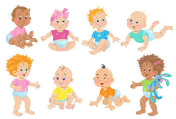 Set of cute kids. Eight happy little children of different skin colors in different poses. In cartoon style. Isolated on white background. Vector illustration