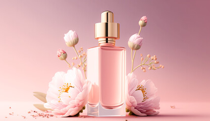Transparent bottle surrounded with flowers for a beautiful and luxurious beauty product showcase and presentation. AI generated illustration. Fragrance display with fresh and stylish background scene - obrazy, fototapety, plakaty