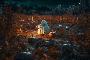 White ghost in a pumpkin patch at night illustration. Generative AI