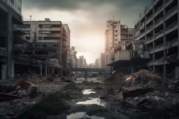 A bleak urban landscape in a future after a disaster. Generative AI