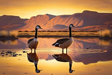 two graceful geese standing in a tranquil lake during the golden hour Generative AI
