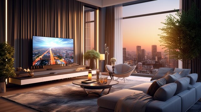 Elegant living room with big tv screen. Generative AI
