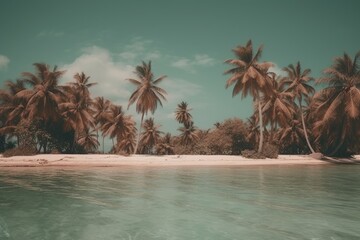 serene tropical beach with palm trees along the shoreline Generative AI
