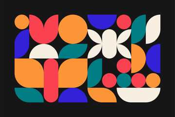 Abstract still life depicting insects, flowers, leaves, fruit plate in trendy Bauhaus style. Design for decor. Vector illustration with geometric elements.