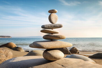 Fototapeta na wymiar Zen concept. Stones on the beach. Harmony & Meditation. Zen stones, Generative Ai