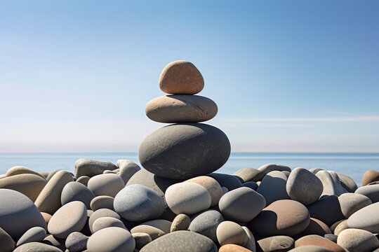 Zen concept. Stones on the beach. Harmony & Meditation. Zen stones, Generative Ai