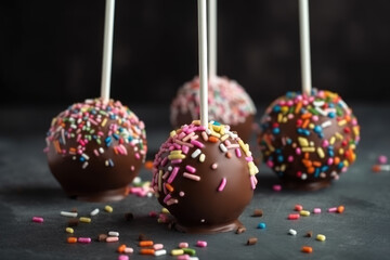 Delicious cake pops decorated with frosting chocolate and sprinkles, ai