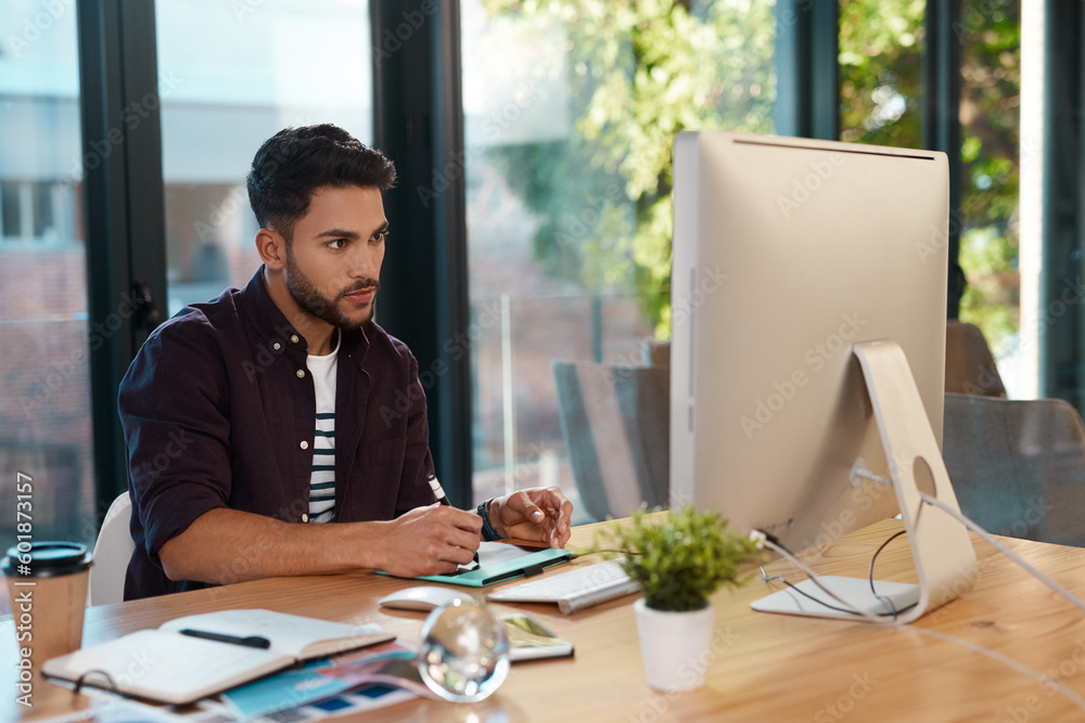 Poster Graphic designer, computer and man with a drawing pen at desk while online for creativity or editor work. Male entrepreneur person at workplace with internet connection and pad for web design project